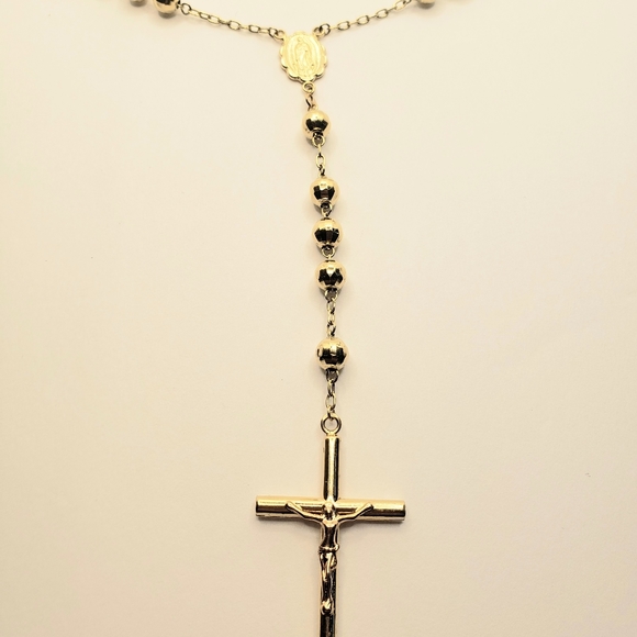 14K Solid Gold 6mm Bead Ball Rosary Necklace 26" Guadalupe Rosario Collar Oro - Picture 8 of 16